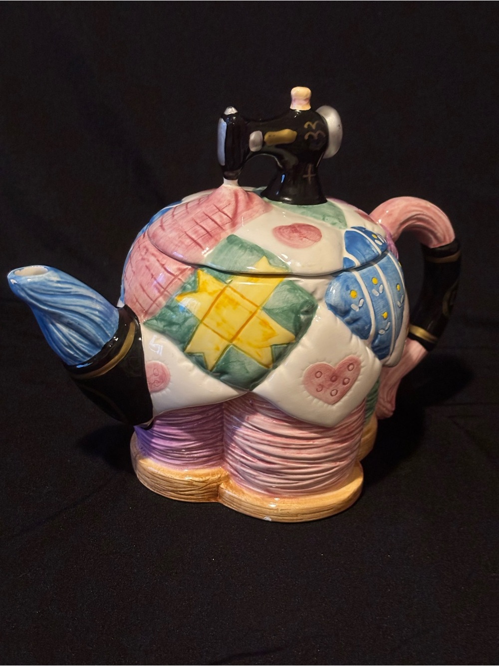 Quilted Sewing Machine Ceramic Teapot Pink Blue Yellow